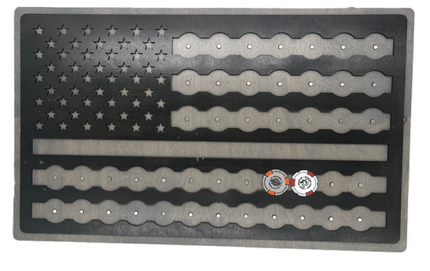 Handmade wood poker chip display board with American flag design and magnetic slots